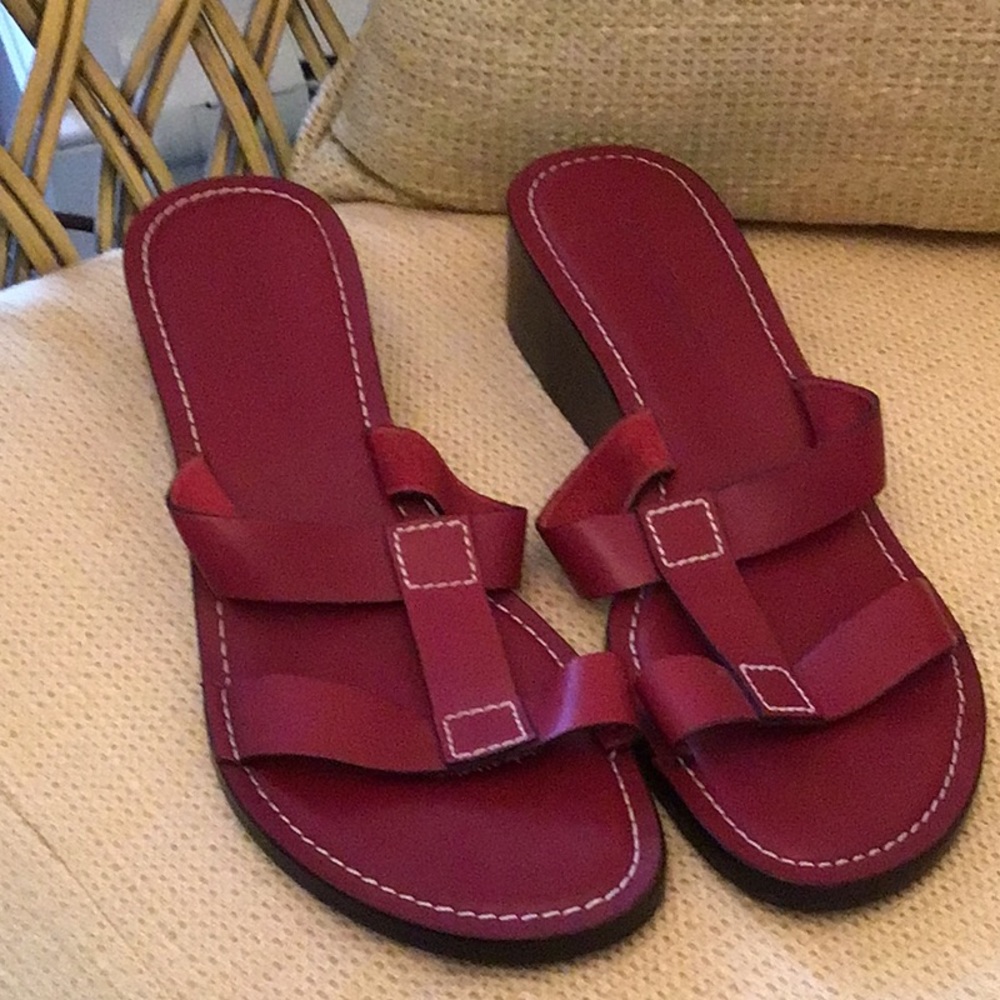 Ann Taylor red leather wedge sandals.